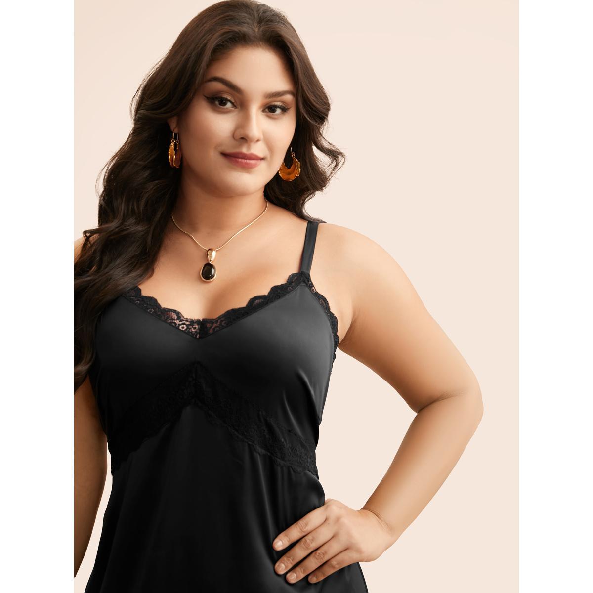 Plus Size Lace Panel Shirred Cami Dress Black Women Elegant Woven ribbon&lace trim V-neck Sleeveless Curvy BloomChic 30/6X Product Image
