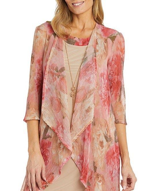 R & M Richards Metallic Mesh 3/4 Sleeve Crew Neck Printed 2-Piece Jacket Dress Product Image