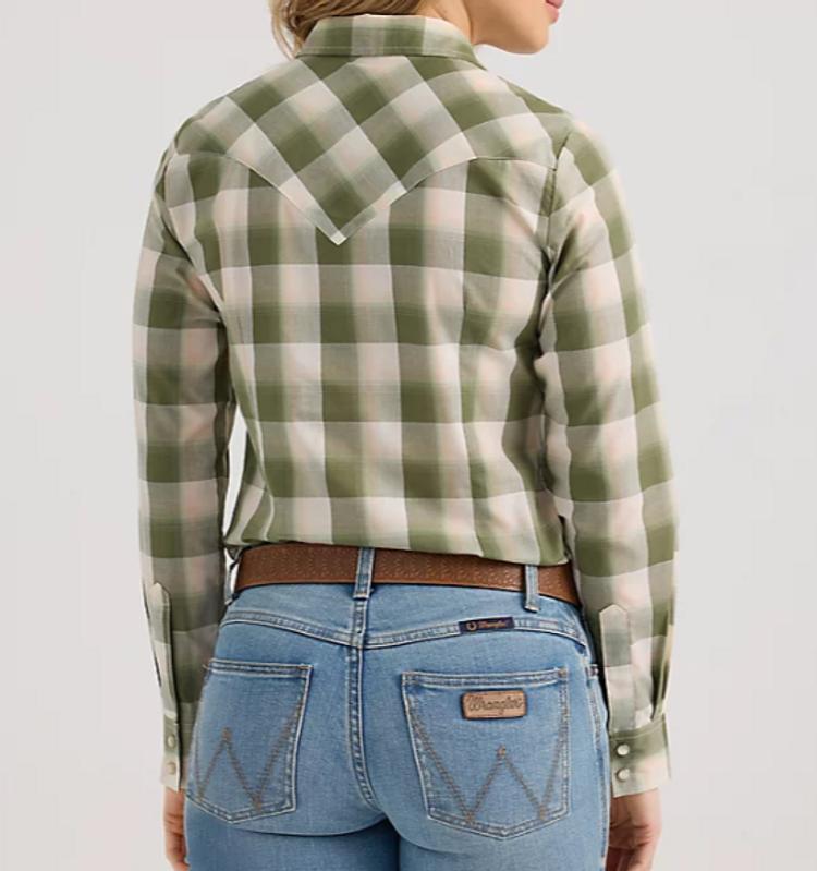 Wrangler® Ladies' L/S Olive Green Plaid Essential Snap Shirt Product Image