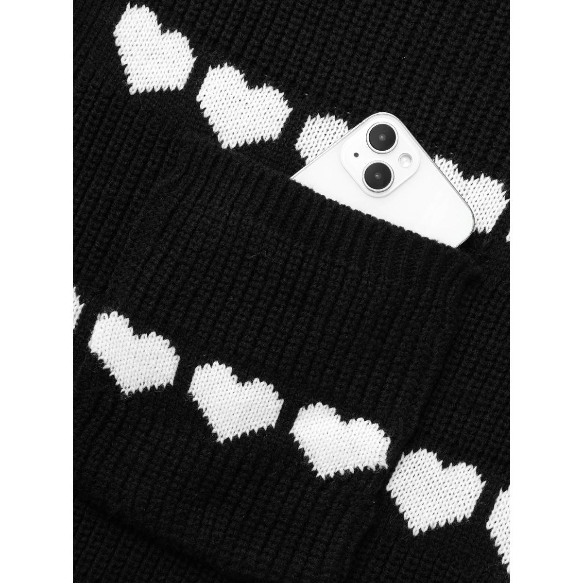 Plus Size Heart Pattern Jacquard Patch Pocket Cardigan Black Women Casual Loose Long Sleeve Everyday Cardigans BloomChic 30/6X Product Image