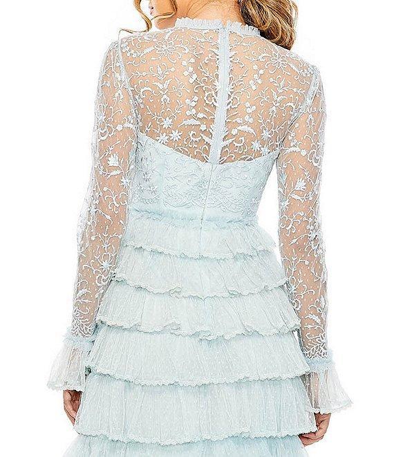 Mac Duggal Embroidered Crew Neck Long Sleeve Tiered Ruffled Hem Maxi Dress Product Image