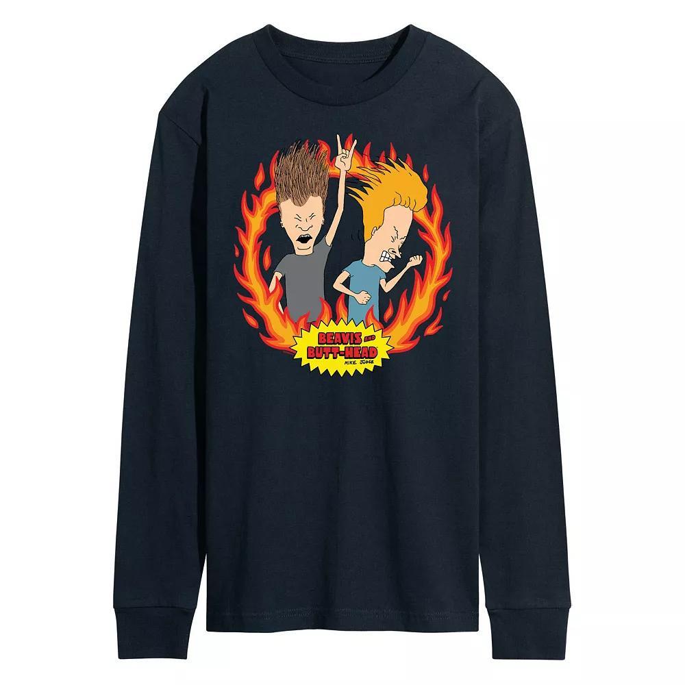 Mens Beavis And Butthead Rock Flames Long Sleeve Tee Blue Product Image