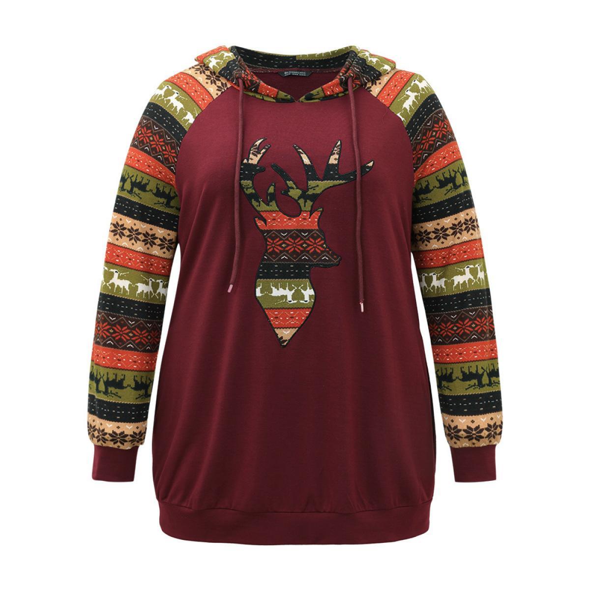 Plus Size Christmas Print Pocket Hooded Drawstring Sweatshirt Women Burgundy Casual Contrast Festival-Christmas Sweatshirts BloomChic 18-20/2X Product Image