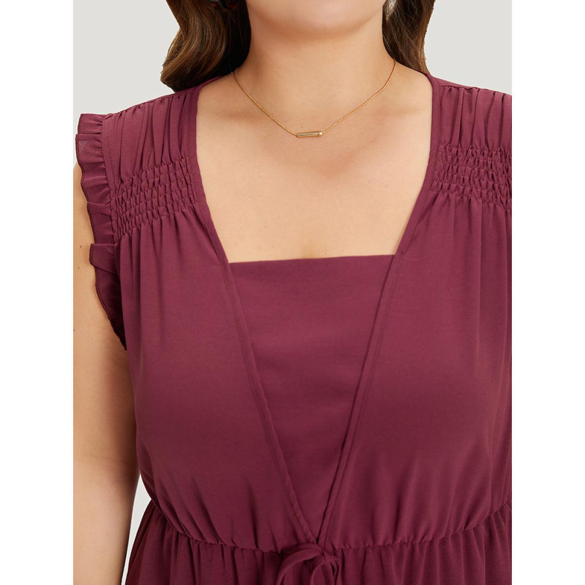 Plus Size Plain Frill Trim Gathered Ties Square Neck Tank Dress Burgundy Women Elegant Plain Square Neck Sleeveless Curvy Midi Dress BloomChic 28/5X Product Image
