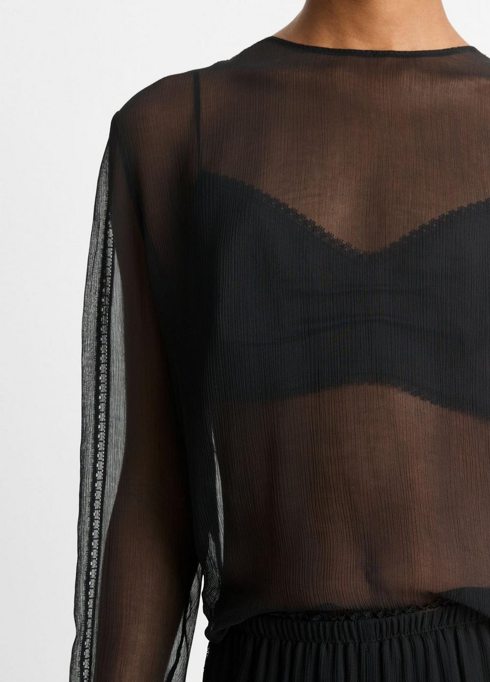 Womens Lace-Trim Sheer Chiffon Top, Black, Size L Vince Product Image