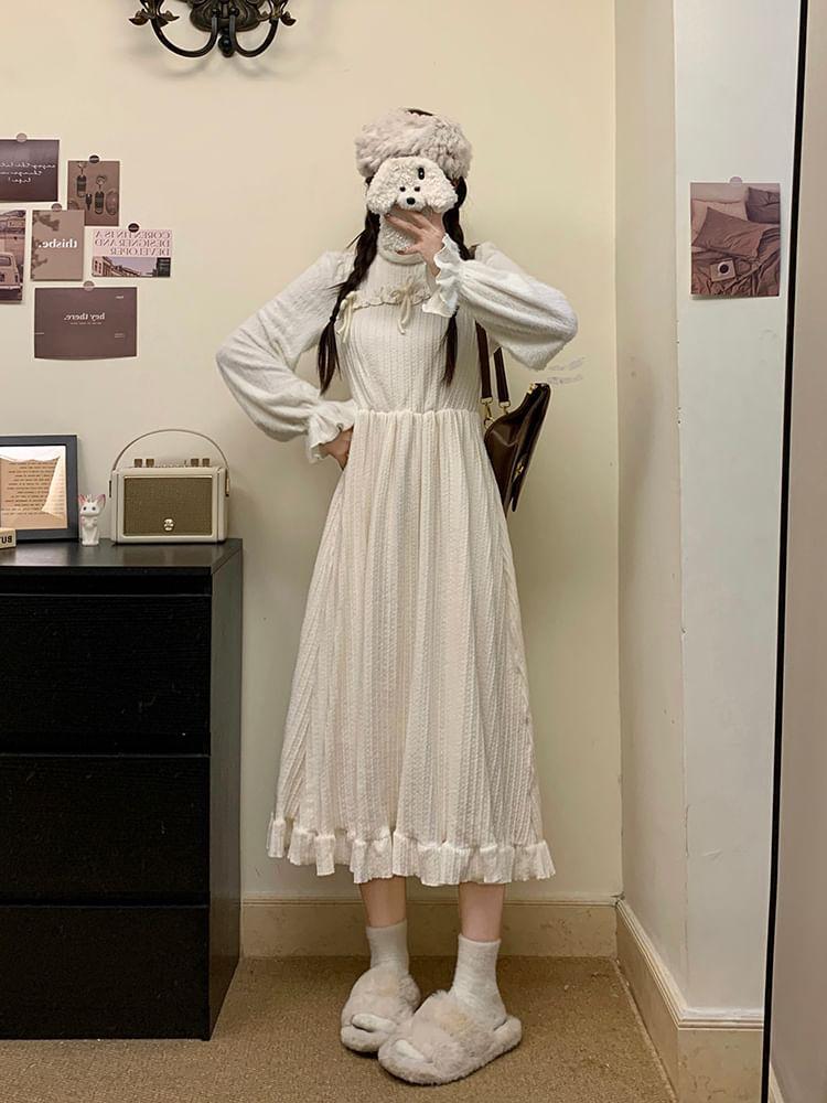 Long-Sleeve Mock Neck Bow Ruffle Trim Knit Panel Midi A-Line Dress Product Image