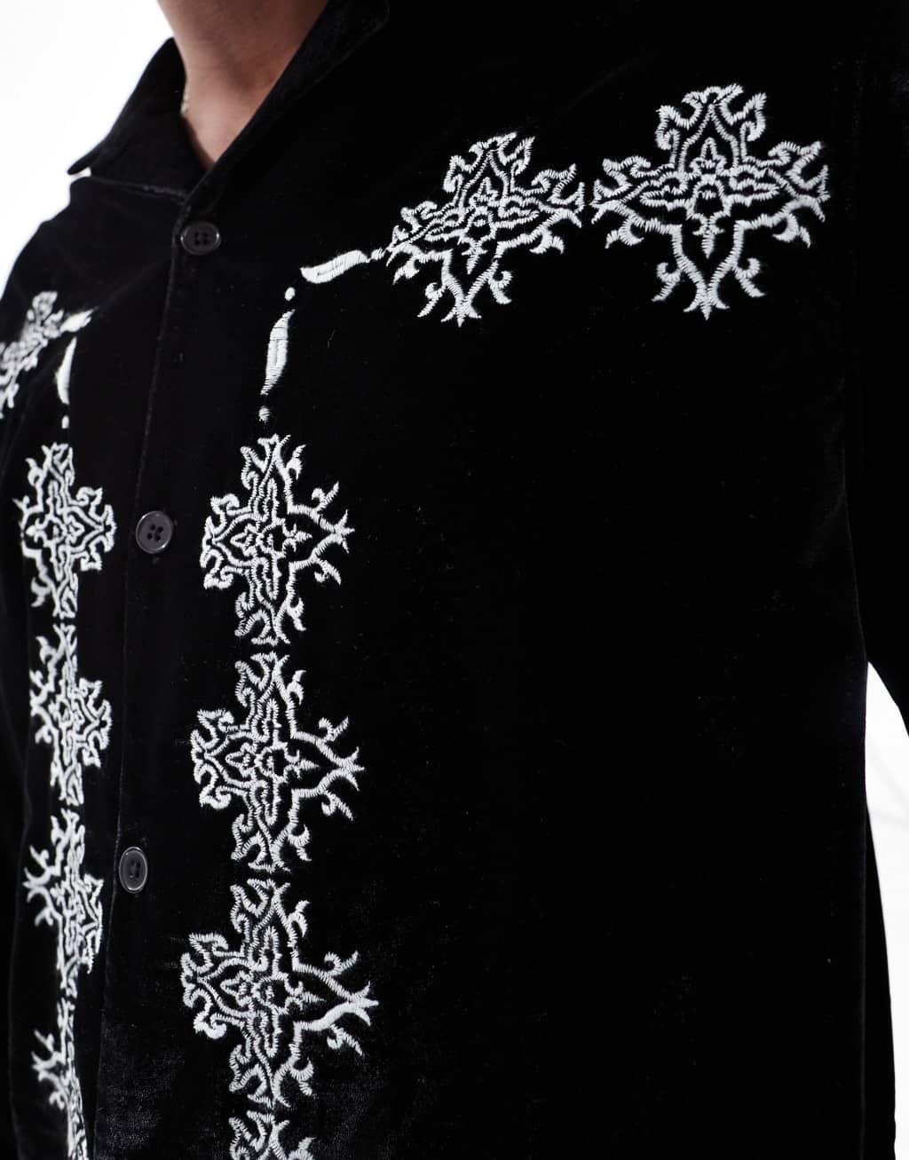 ASOS DESIGN boxy velvet shirt with embroidery border in black Product Image