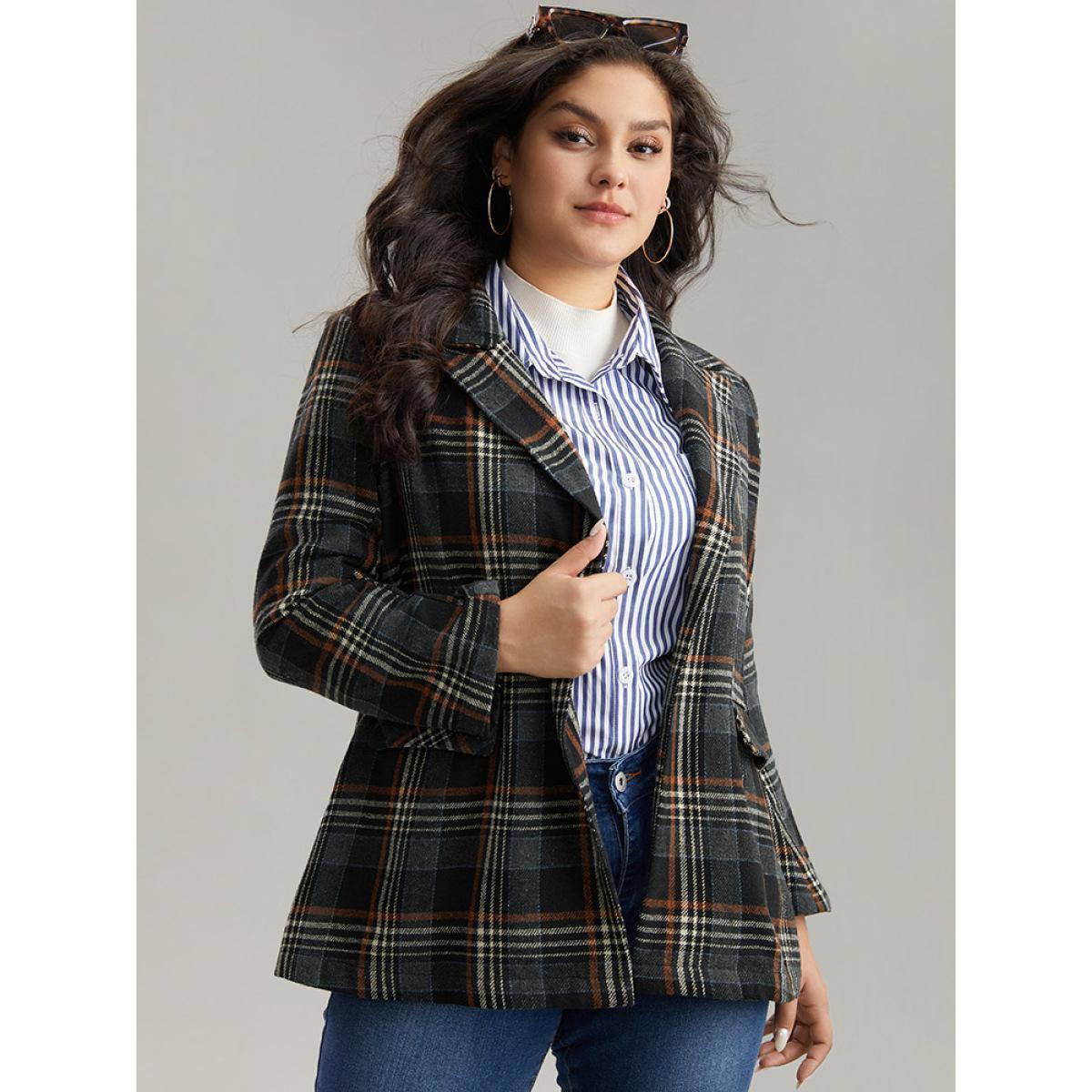 Plus Size Plaid Contrast Pocket Button Up Blazer Women Black Casual Contrast Ladies Dailywear Winter Coats BloomChic 22-24/3X Product Image