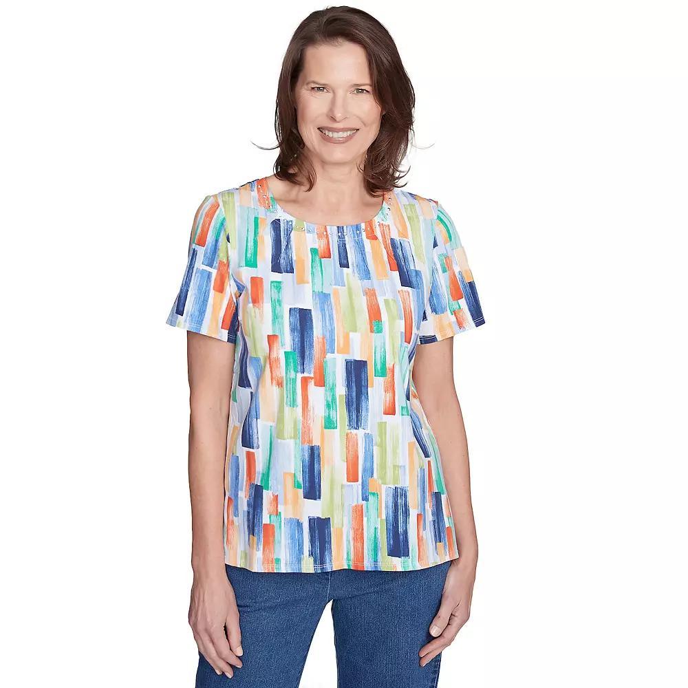 Women's Alfred Dunner Stained Glass Pleated Crew Neck Top, Size: Small, Multi Blue Product Image