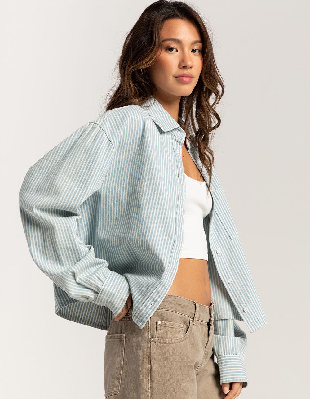 RSQ Womens Denim Stripe Crop Shirt - WHT/BLUE Product Image