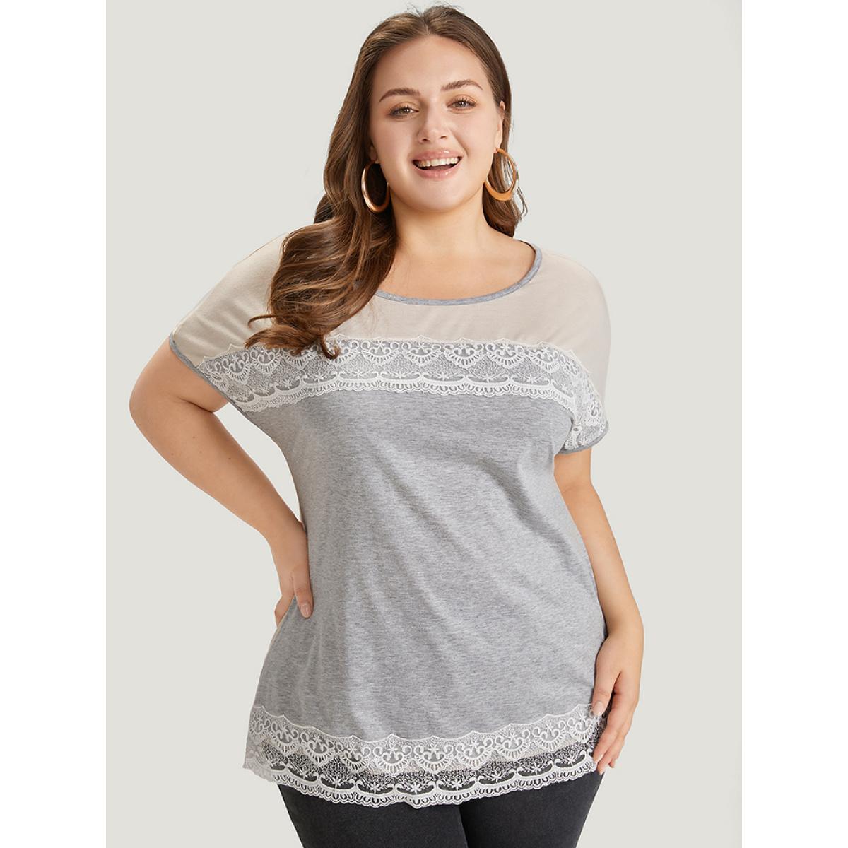 Plus Size Lace Panel Contrast Batwing Sleeve T-shirt Gray Women Elegant Contrast Plain Round Neck Dailywear T-shirts BloomChic 14-16/1X Product Image