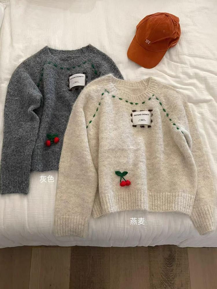 Crewneck Cherry Accent Lettering Applique Sweater Product Image
