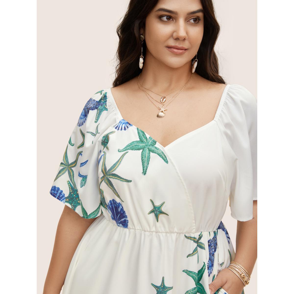 Plus Size Heart Neckline Marine Elements Gathered Dress Mediumblue Women Resort Heart neckline Short sleeve Curvy BloomChic 12/L Product Image