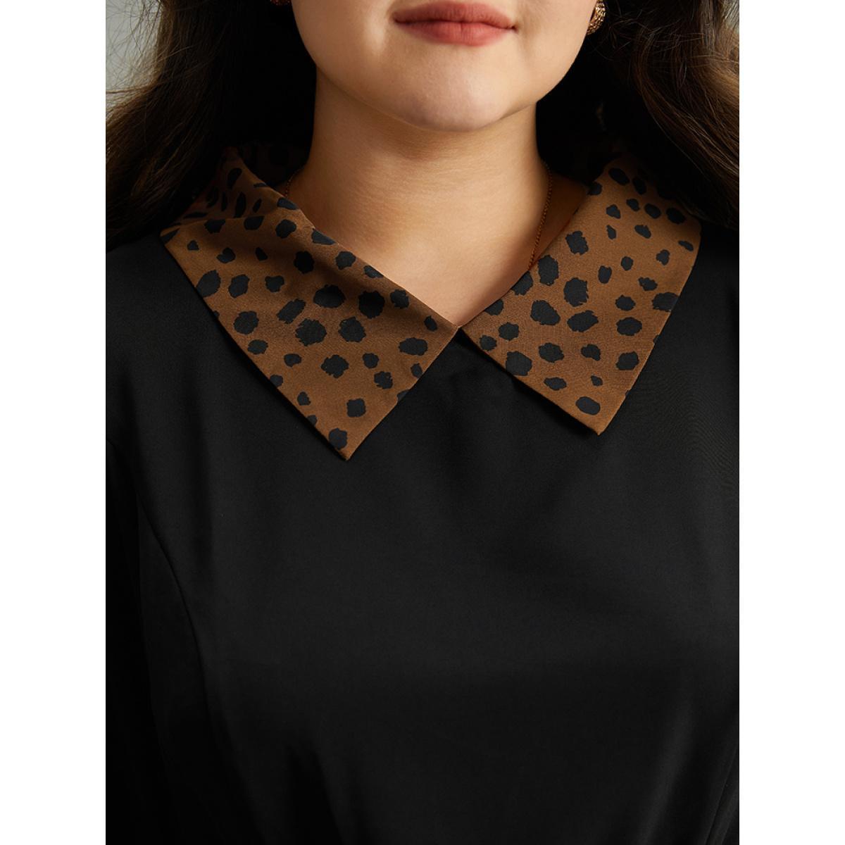 Plus Size Black Leopard Patchwork Elastic Waist Blouse Women Elegant Long Sleeve Lapel Collar Dailywear Blouses BloomChic 26/4X Product Image