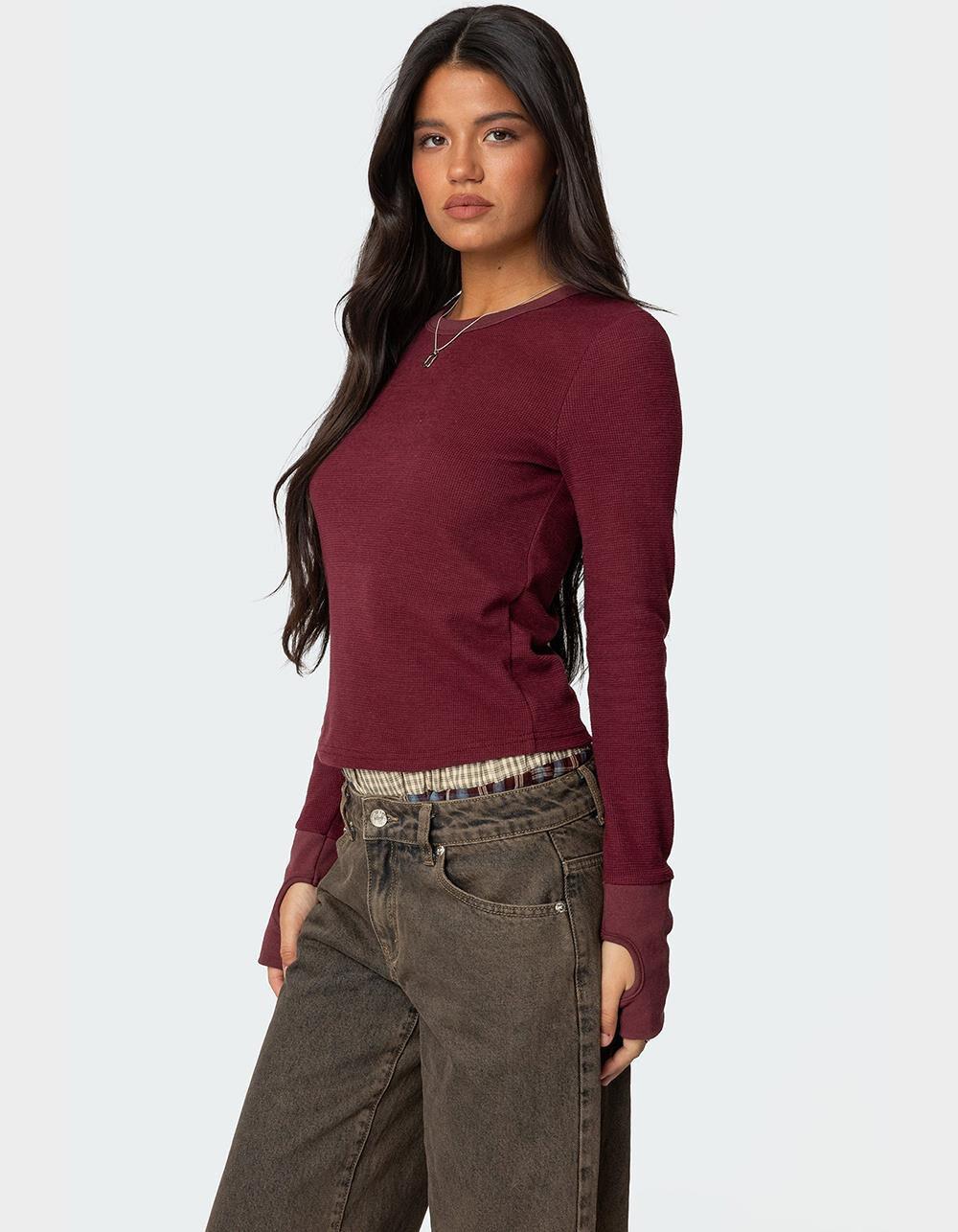 EDIKTED Waffle Long Sleeve Tee - DK RED Product Image
