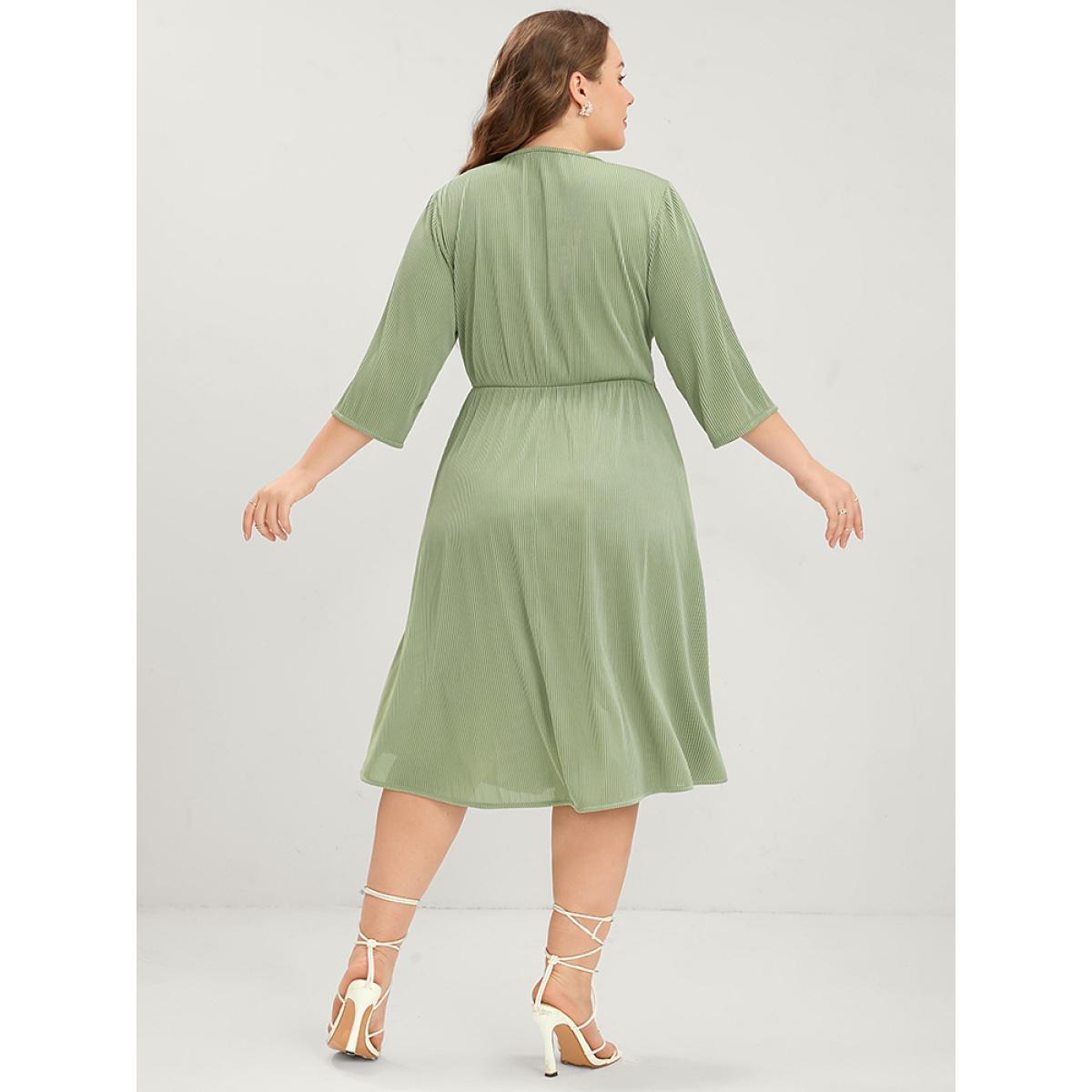 Plus Size Plain Button Detail Pocket Ruched Rib Knit Flutter Dress Moss Women Elegant Plain V-neck Long Sleeve Curvy Midi Dress BloomChic 14-16/1X Product Image