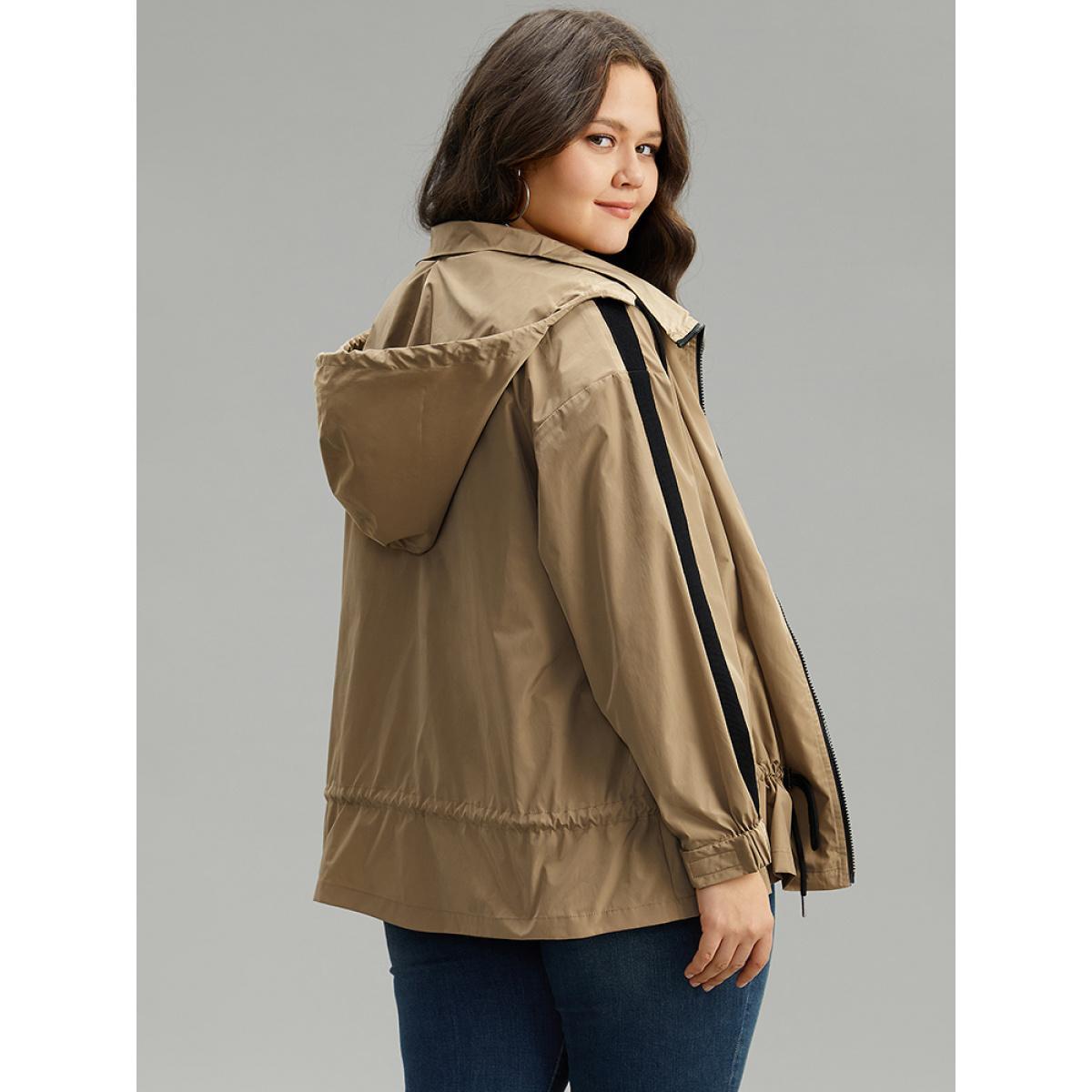 Plus Size Wind-Resistant Contrast Trim Drawstring Jacket Women Tan Elastic cuffs Pocket Dailywear Jackets BloomChic 30/6X Product Image