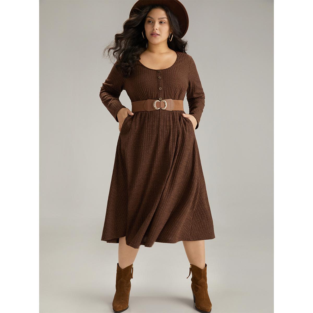 Plus Size Rib Knit Button Detail Gathered Dress DarkBrown Women Casual Texture Round Neck Long Sleeve Curvy Midi Dress BloomChic 30/6X Product Image