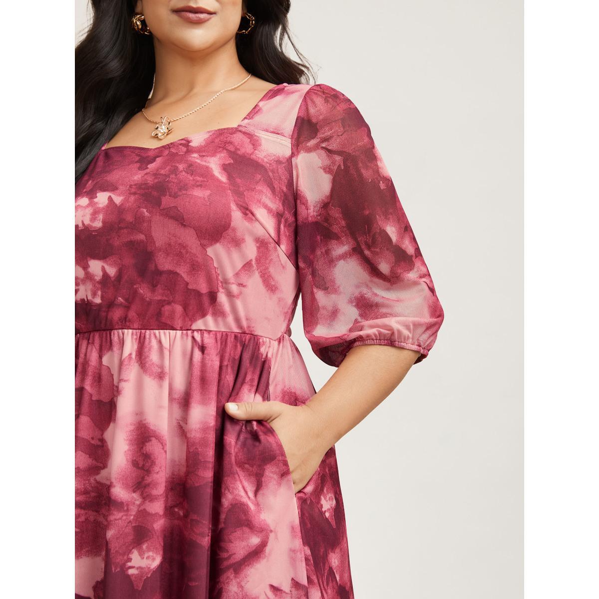 Plus Size Ombre Gradient Mesh Puff Sleeve Midi Dress RedViolet Women Elegant Heart neckline Elbow-length sleeve Curvy BloomChic 18-20/2X Product Image