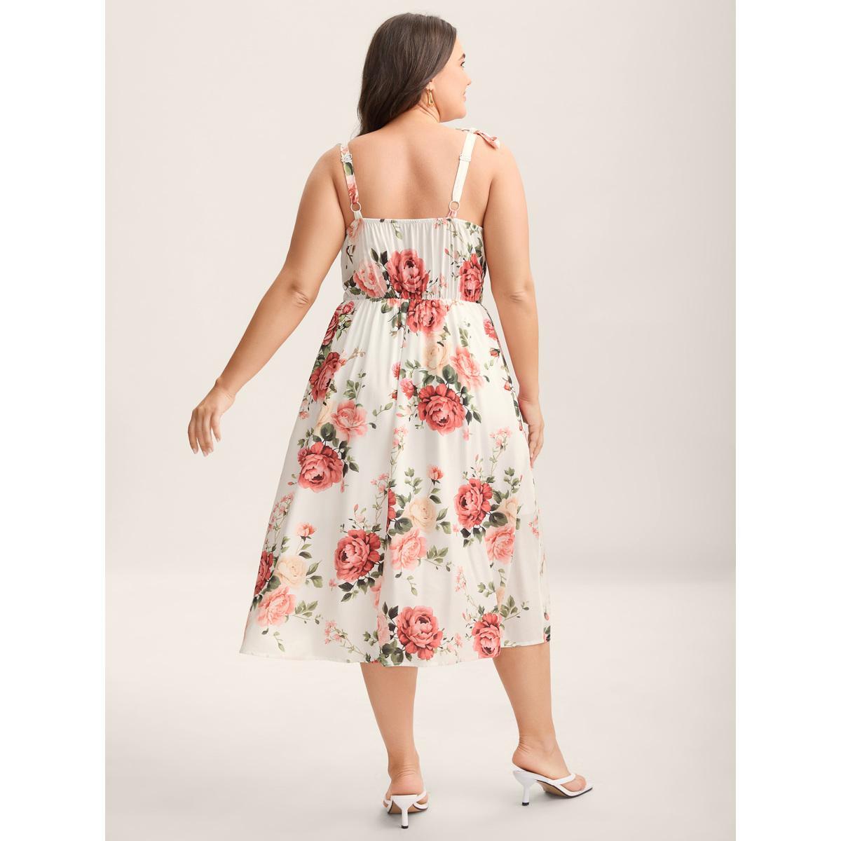 Plus Size Rosy Print Bow Strap Pockets Midi Dress Originalwhite Women Non Sleeveless Curvy BloomChic 14-16/1X Product Image