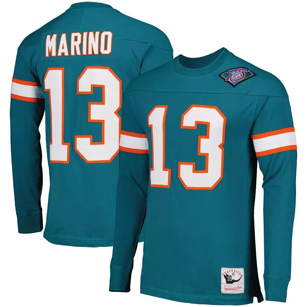 Men's Mitchell & Ness Dan Marino Aqua Miami Dolphins Throwback Retired Player Name & Number Long Sleeve Top, Size: Small, Turquoise A Product Image