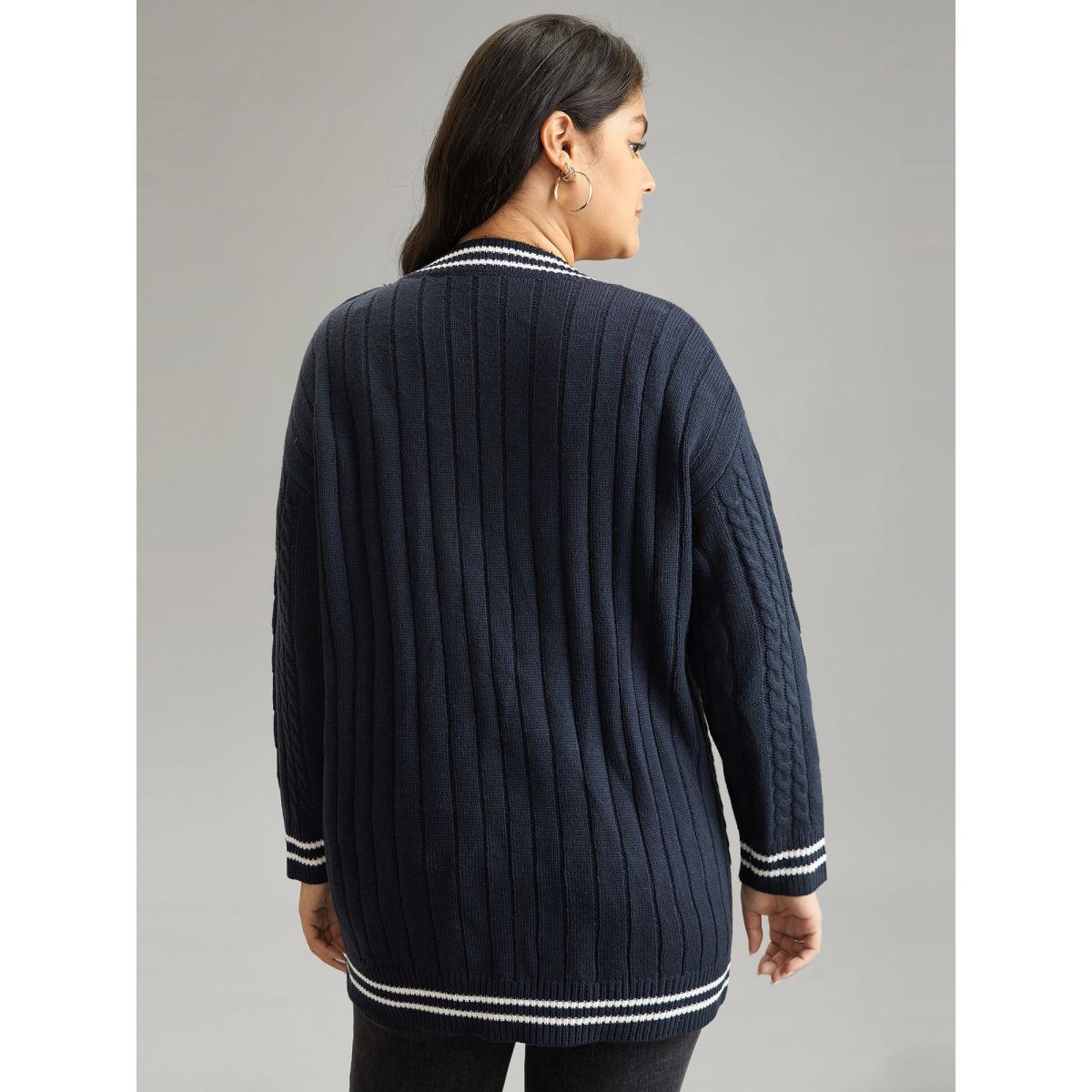 Plus Size Cable Knit Contrast Striped Button Through Cardigan Midnight Women Casual Loose Long Sleeve Dailywear Cardigans BloomChic 30/6X Product Image