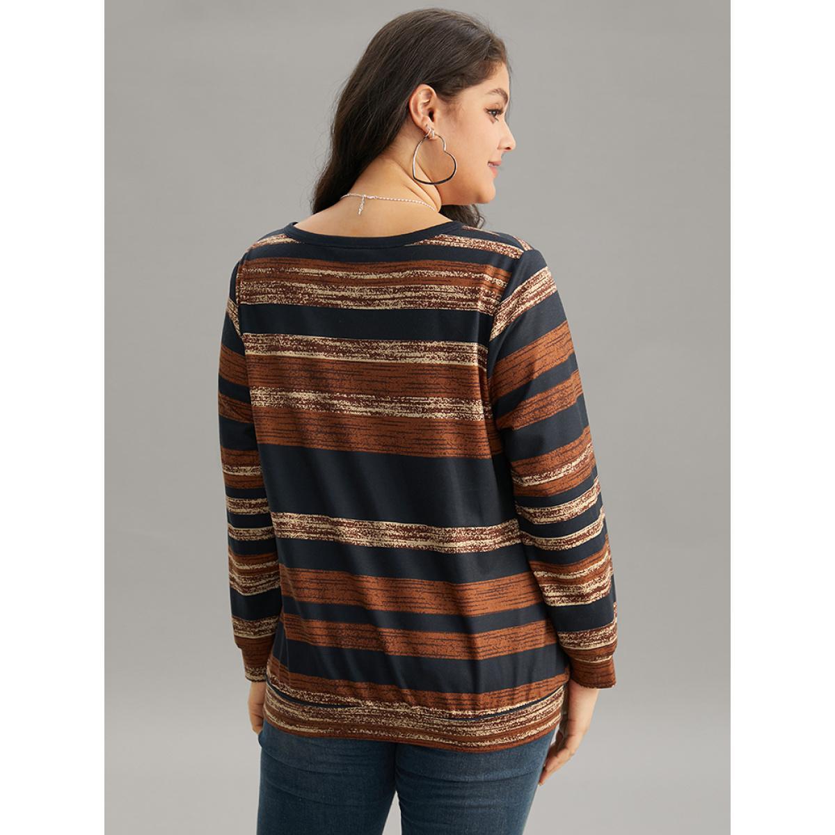 Plus Size Colour Striped Button Up Sweatshirt Women Multicolor Elegant Contrast V-neck Dailywear Sweatshirts BloomChic 26/4X Product Image
