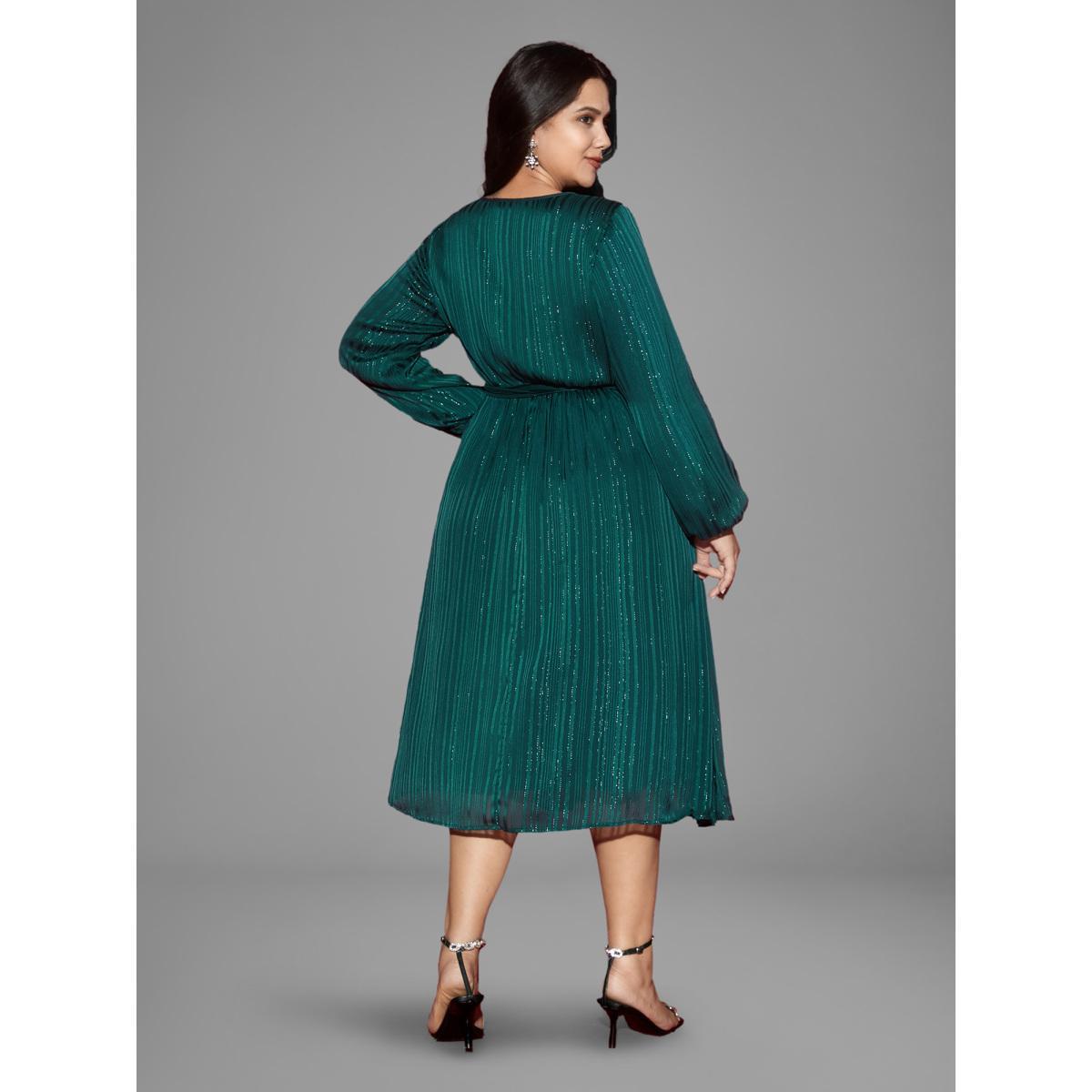 Plus Size Shimmery Silver Thread Waist-Tie Midi Dress Teal Women Cocktail Texture Round Neck Long Sleeve Curvy BloomChic 14-16/1X Product Image
