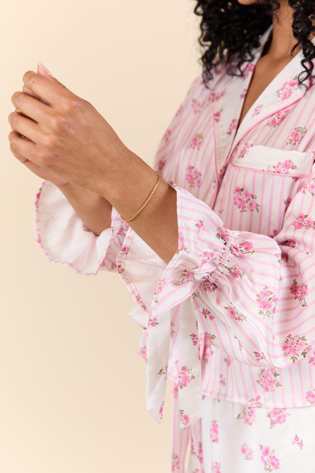Sleep On My Side Pink Floral Satin Long Sleeve Pajama Top FINAL SALE Product Image