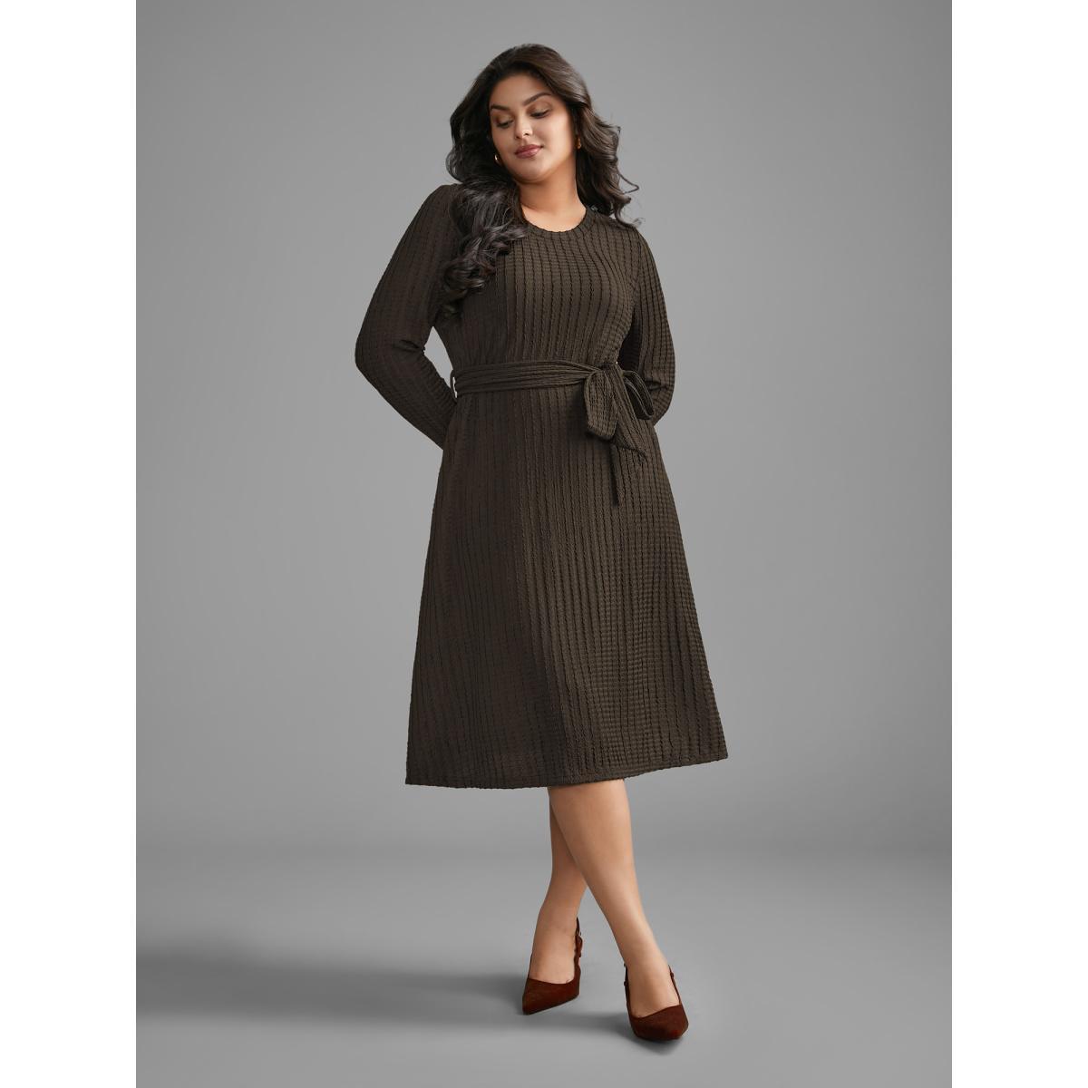 Plus Size Plain Textured Belted Knit Dress DarkBrown Women Casual Texture Knit Dresses Bloomchic 26/4X Product Image