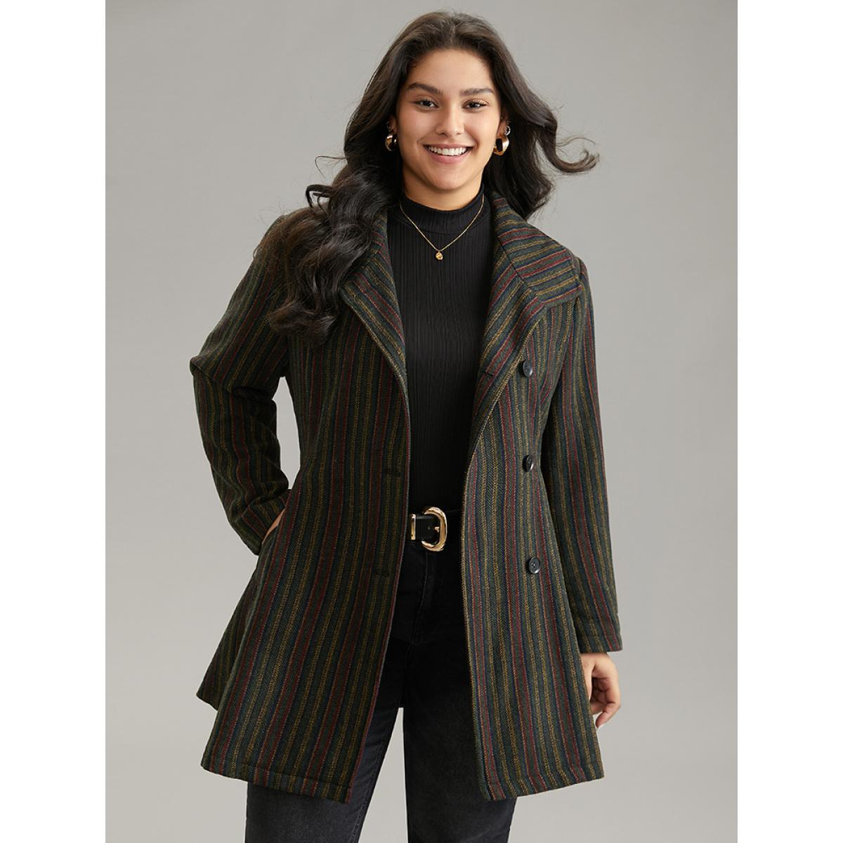 Plus Size Bandana Striped Lapel Collar Belted Woolen Coat Women Multicolor Casual Lined Ladies Dailywear Winter Coats BloomChic 22-24/3X Product Image