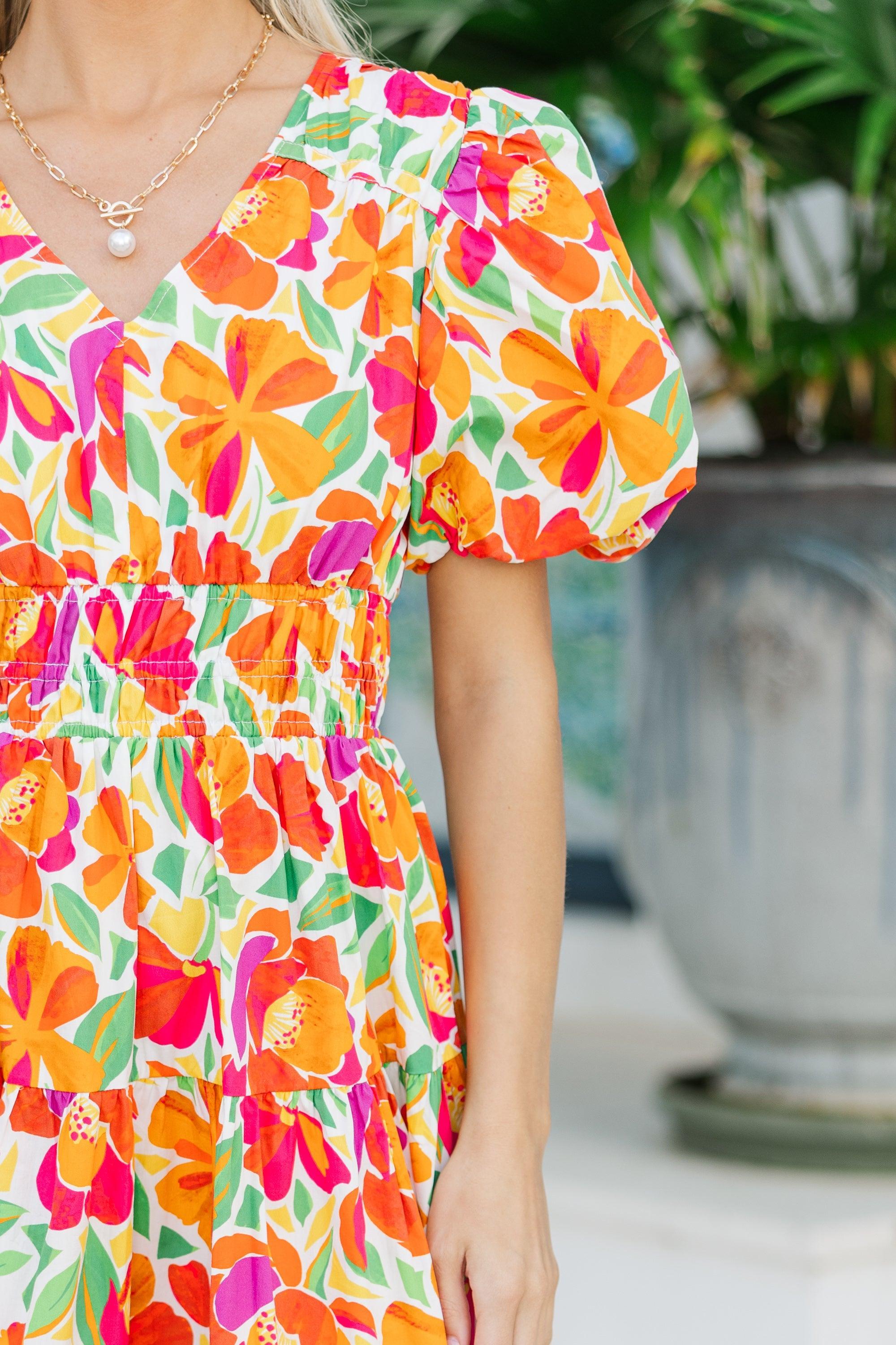 Fate: First Hand Coral Orange Floral Midi Dress Female Product Image