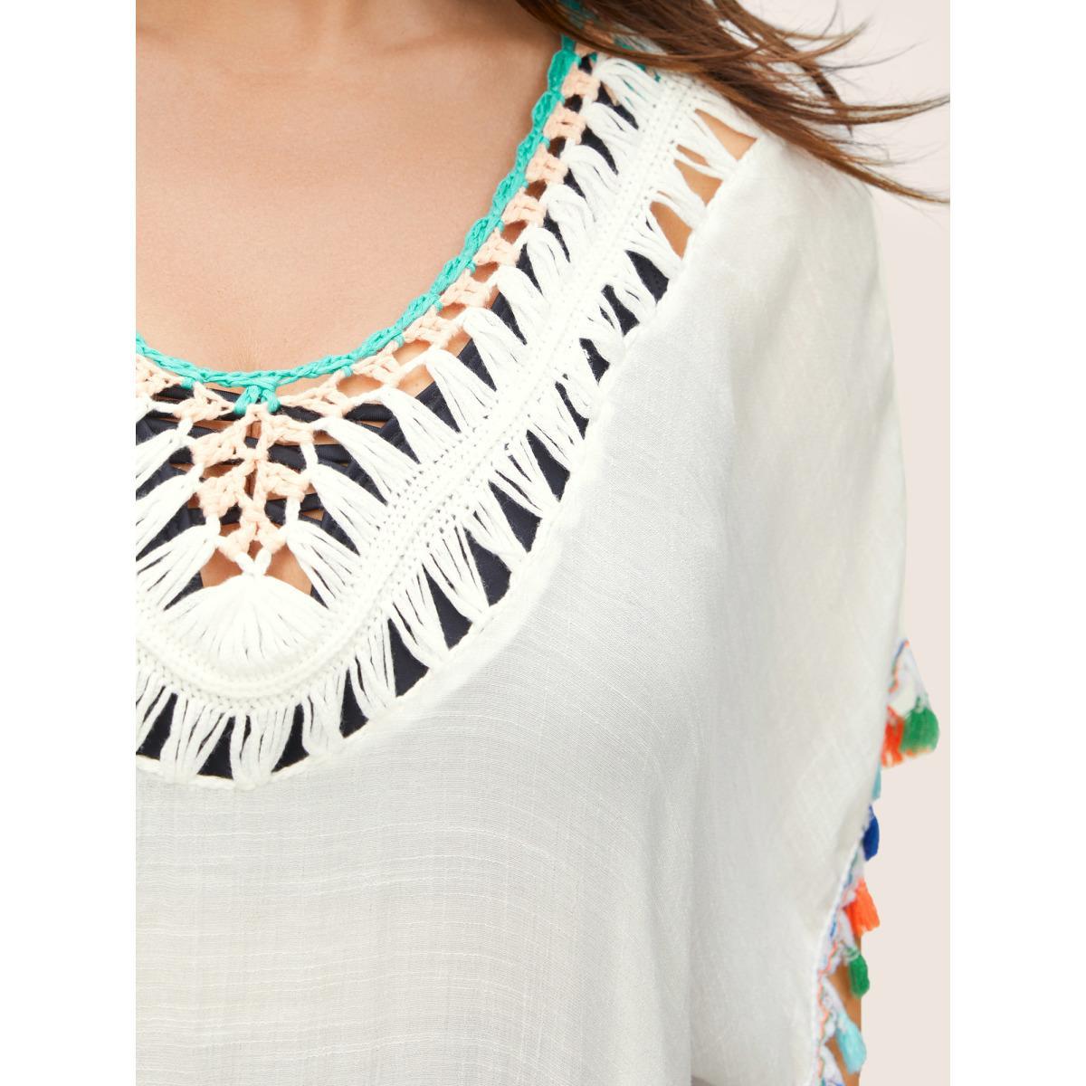 Plus Size Color Tassel Trim Batwing Sleeve Swim Cover Up Women's Swimwear White Beach Crochet Curve Swim Cover Ups BloomChic 18-20/2X Product Image