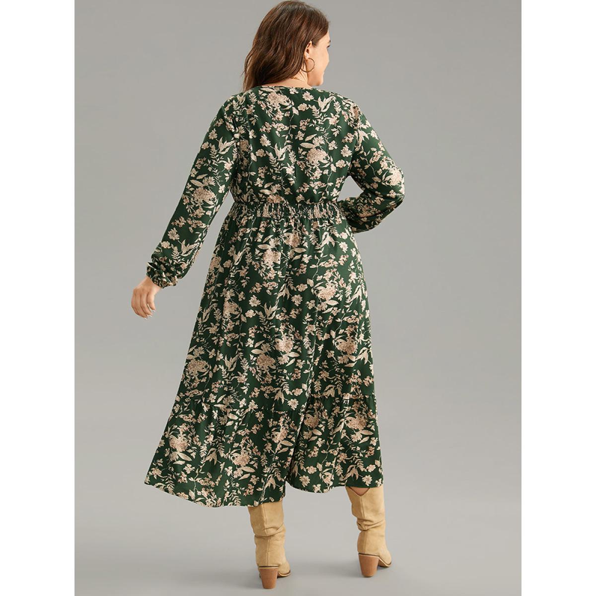 Plus Size Floral Shirred Pocket Lantern Sleeve Dress DarkGreen Women Elegant Elastic cuffs V-neck Long Sleeve Curvy Midi Dress BloomChic 18-20/2X Product Image