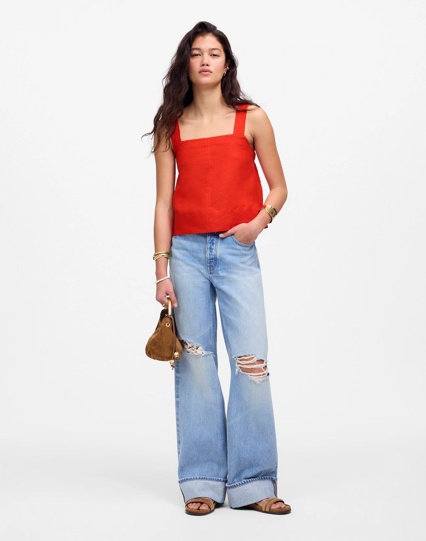 Contrast-Stitch Squareneck Top in 100% Linen Product Image
