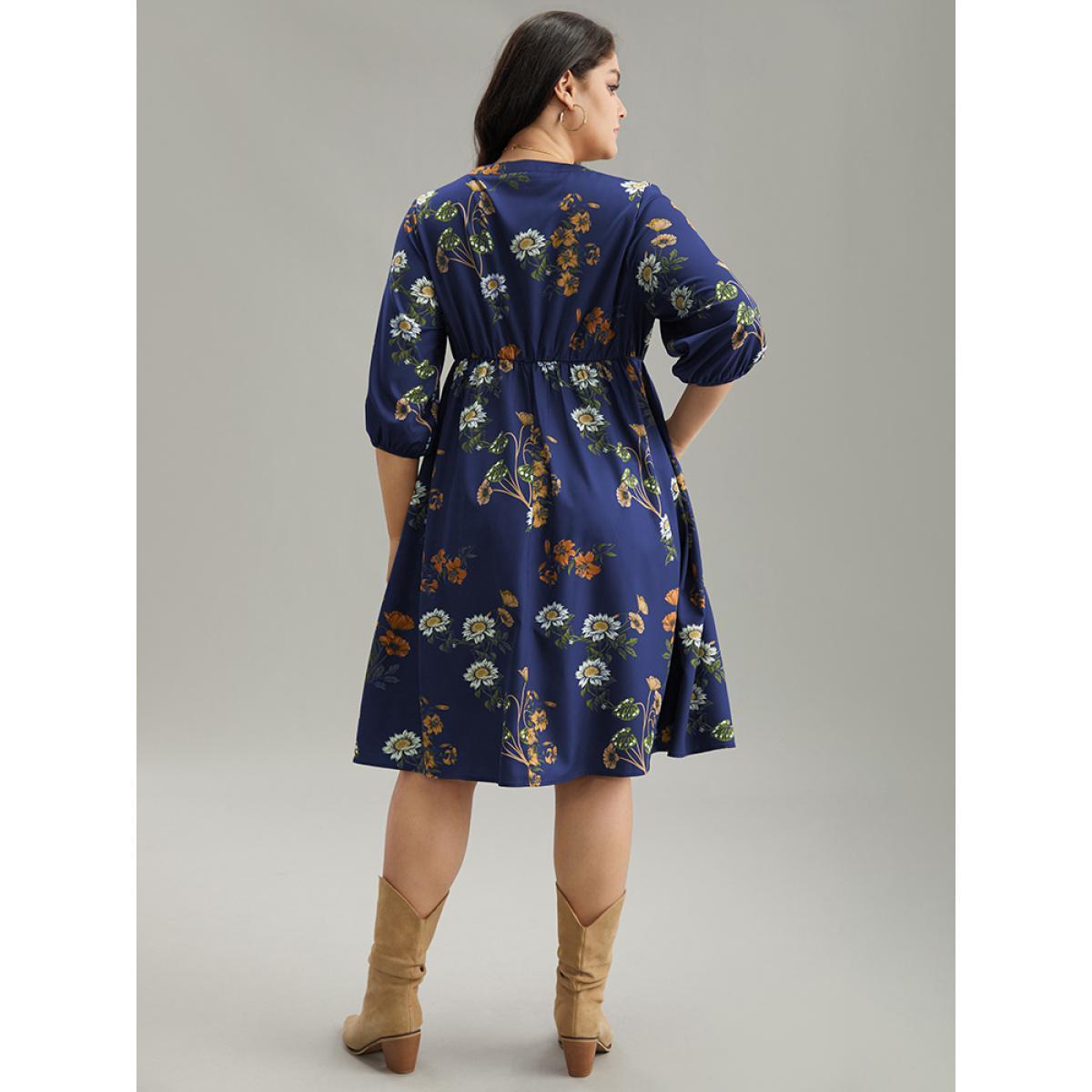 Plus Size Floral Tassel Trim Gathered Knot Neck Dress DarkBlue Women Vacation Elastic cuffs Tie Neck Elbow-length sleeve Curvy Knee Dress BloomChic 22-24/3X Product Image