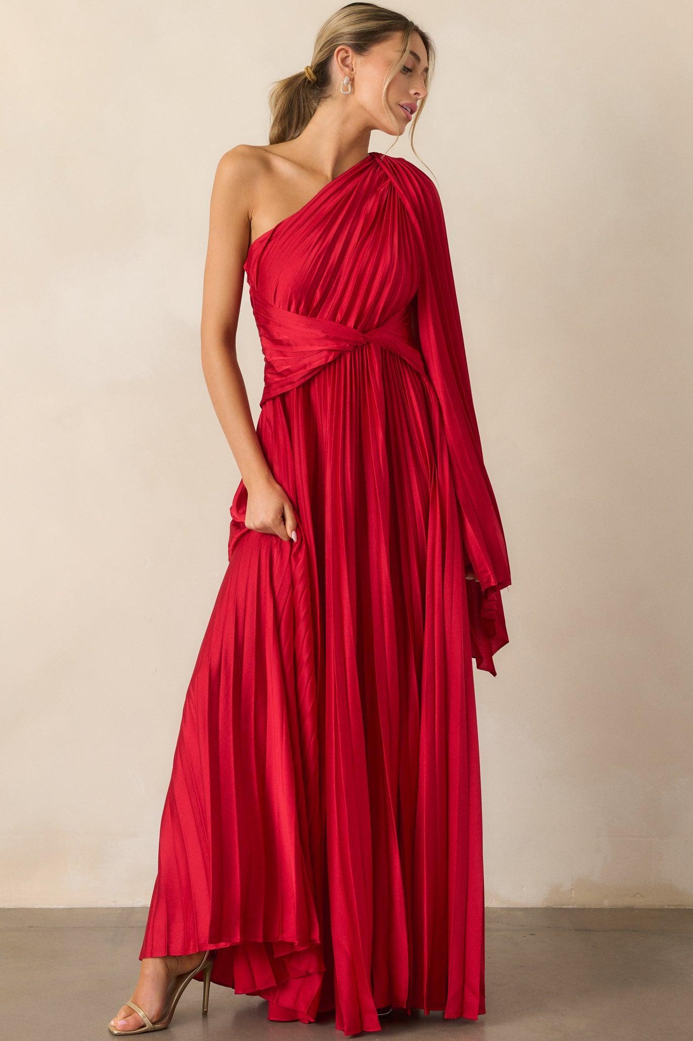 The One I Adore Red One Shoulder Pleated Maxi Dress Product Image