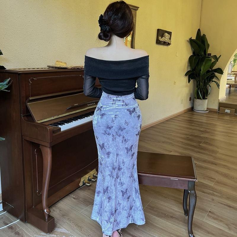 Long-Sleeve V-Neck Butterfly Print Panel Midi Sheath Dress Product Image