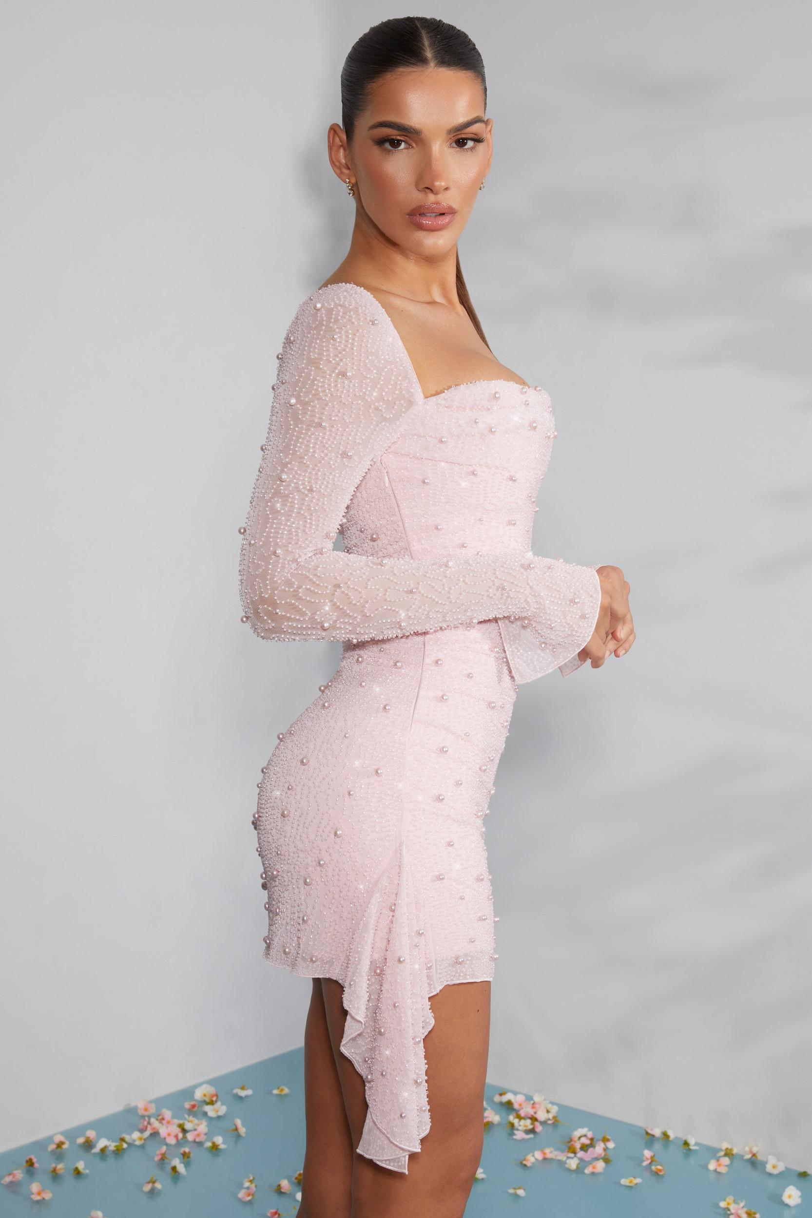 Long Sleeve Embellished Cowl Neck Mini Dress in Blush Product Image
