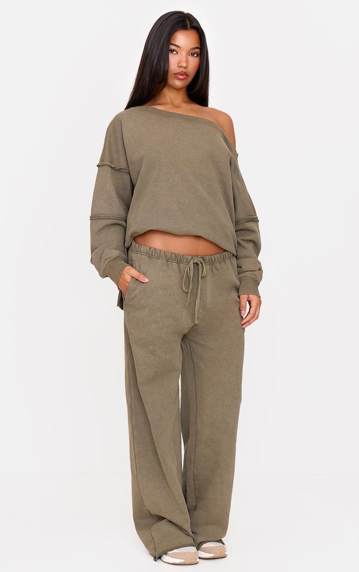 Khaki Washed Off The Shoulder Frayed Seam Detail Sweatshirt Product Image
