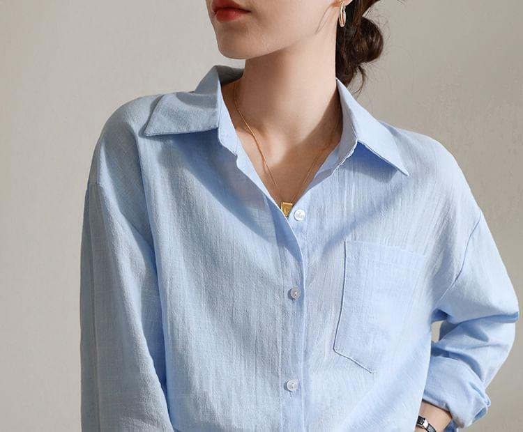 Long Sleeve Lapel Collar Plain Button Shirt Product Image