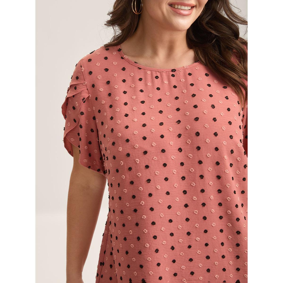 Plus Size Watermelon Textured Color Contrast Petal Sleeve Blouse Women Elegant Short sleeve Round Neck Everyday Blouses BloomChic 28/5X Product Image