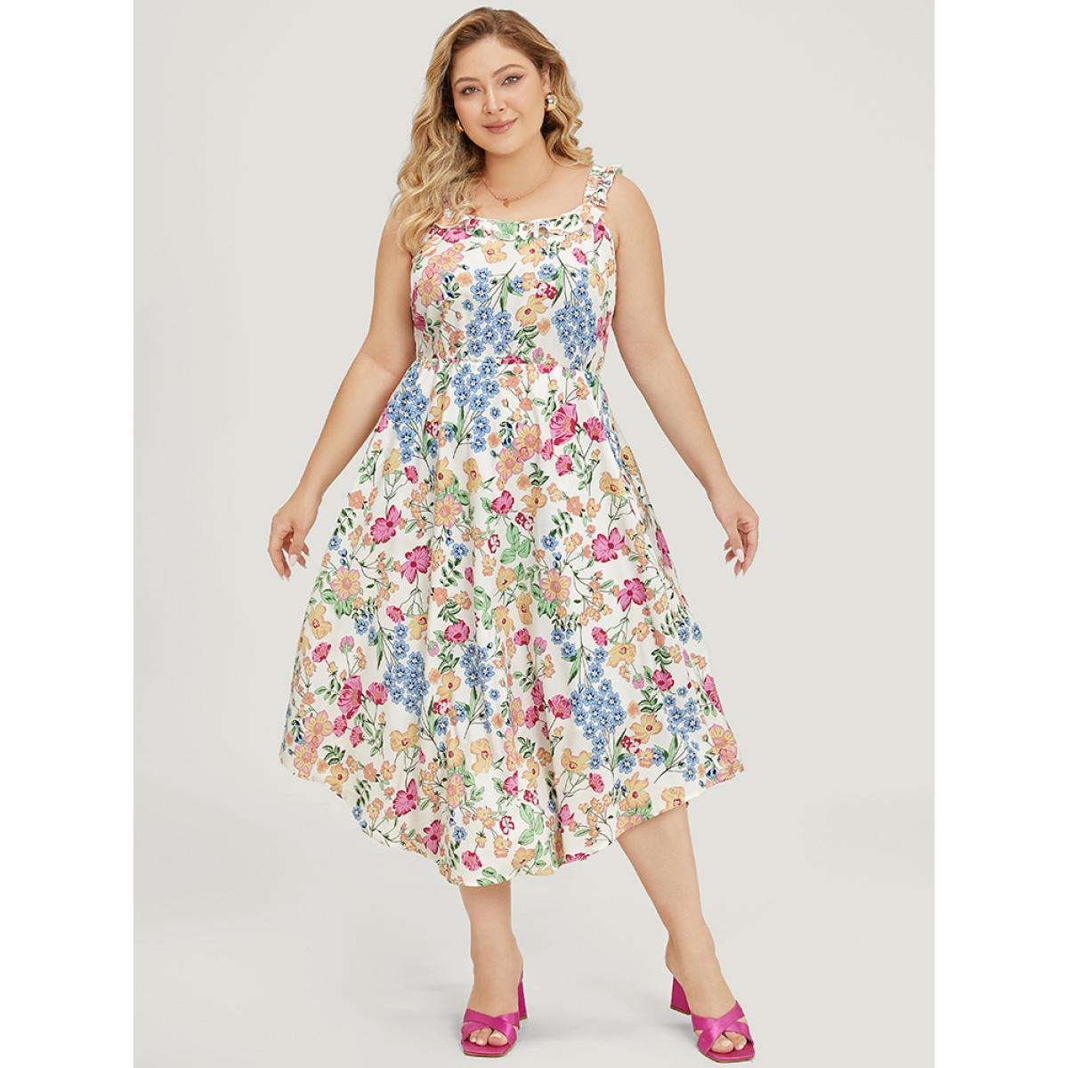 Plus Size Floral Arc Hem Pocket Square Neck Ruffle Trim Cami Dress Multicolor Women Elegant Arc Hem Square Neck Sleeveless Curvy Midi Dress BloomChic 30/6X Product Image