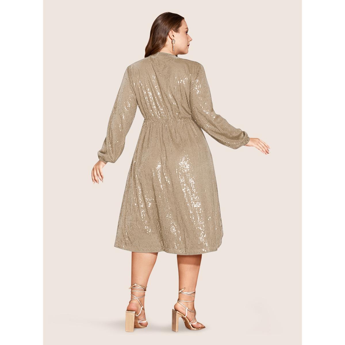 Plus Size Solid Pocket Lantern Sleeve Wrap Sequin Dress Champagne Women Party Pocket Overlap Collar Long Sleeve Curvy Midi Dress BloomChic 18-20/2X Product Image