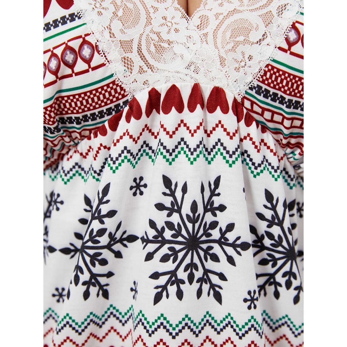 Plus Size Snowflake Print Contrast Lace Backless Short Dress Women Multicolor Elegant Graphic-Christmas Patchwork V-neck Loungewear BloomChic 10/M Product Image