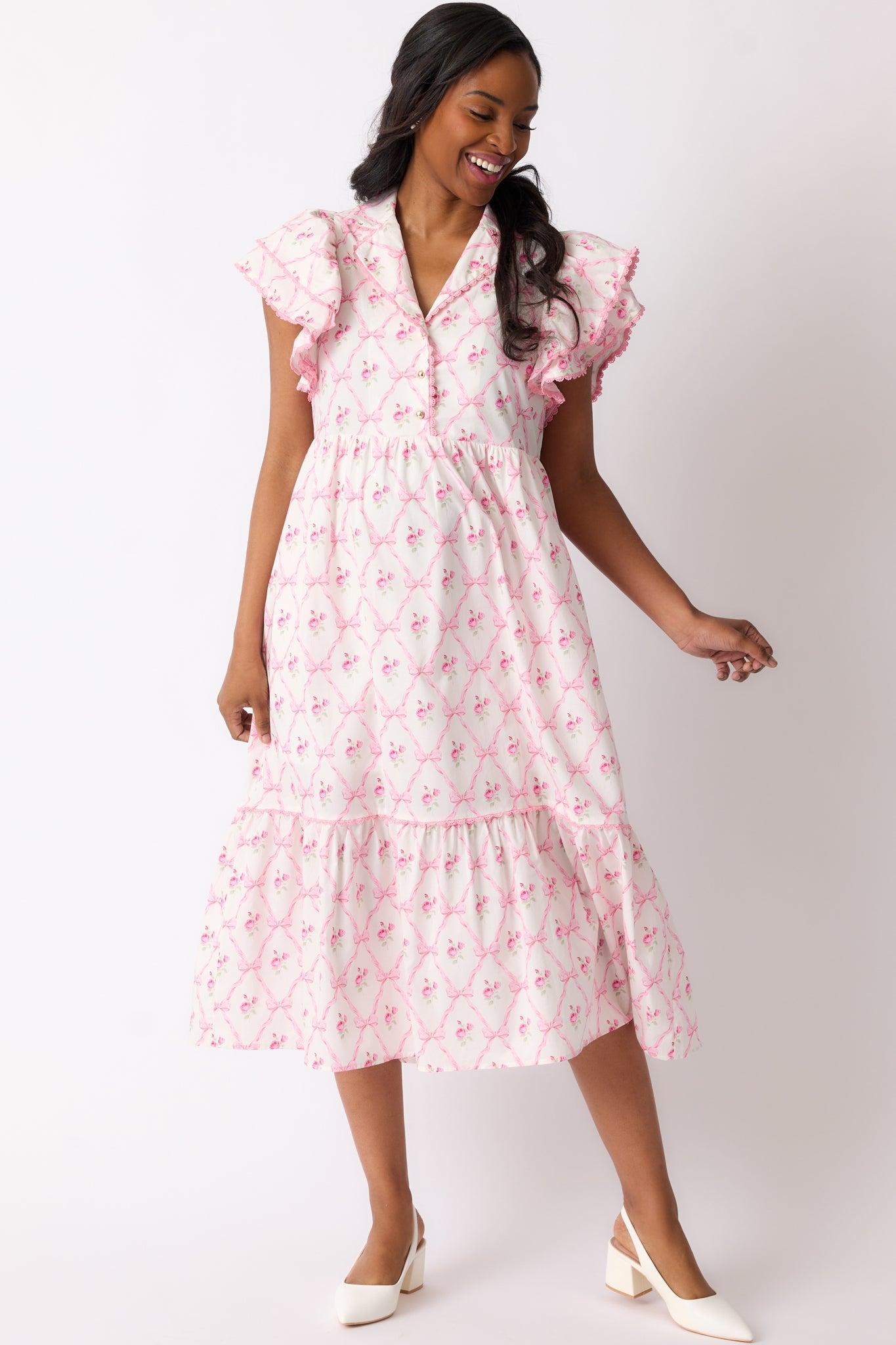 Brunch & Beyond Cotton Light Pink Floral Midi Dress Product Image