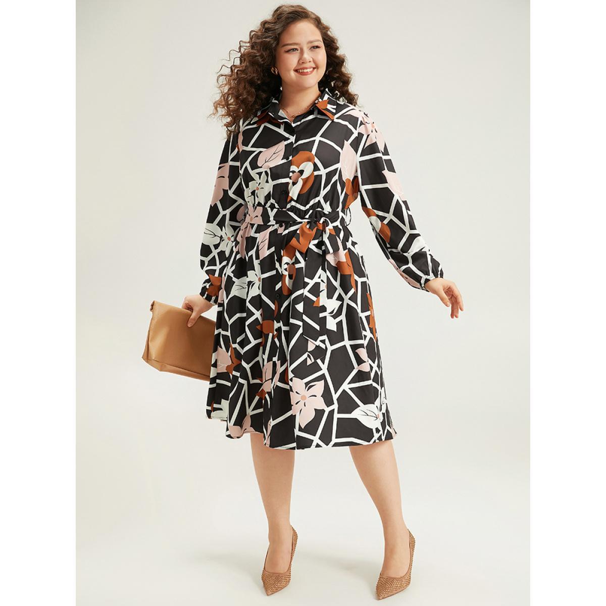 Plus Size Geometric & Plants Button Through Pocket Dress Multicolor Women Office Elastic cuffs Shirt collar Long Sleeve Curvy Midi Dress BloomChic 26/4X Product Image