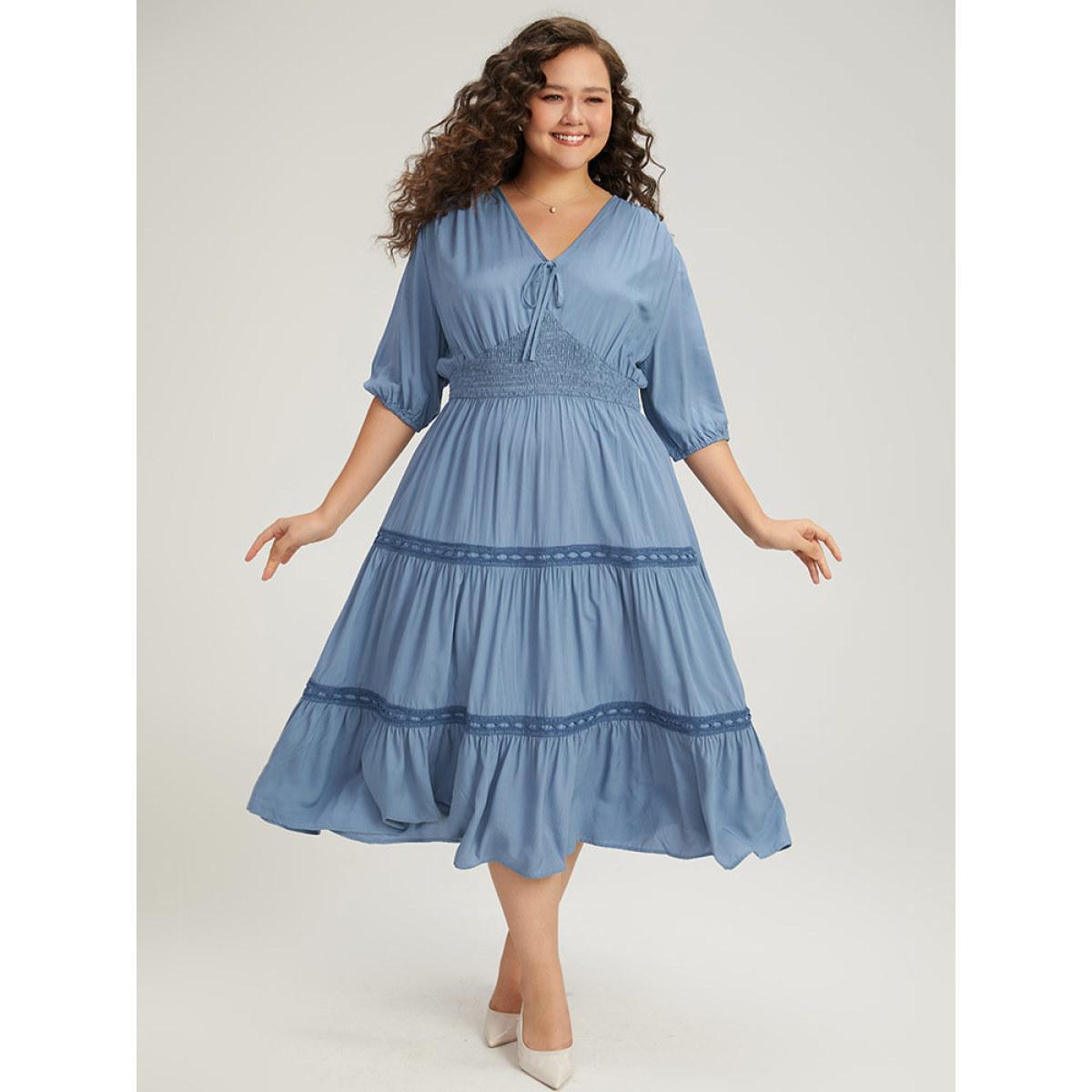 Plus Size Solid Shirred Stitch Layered Hem Ties Dress Stone Women Office Elastic cuffs Tie Neck Half Sleeve Curvy Midi Dress BloomChic 18-20/2X Product Image