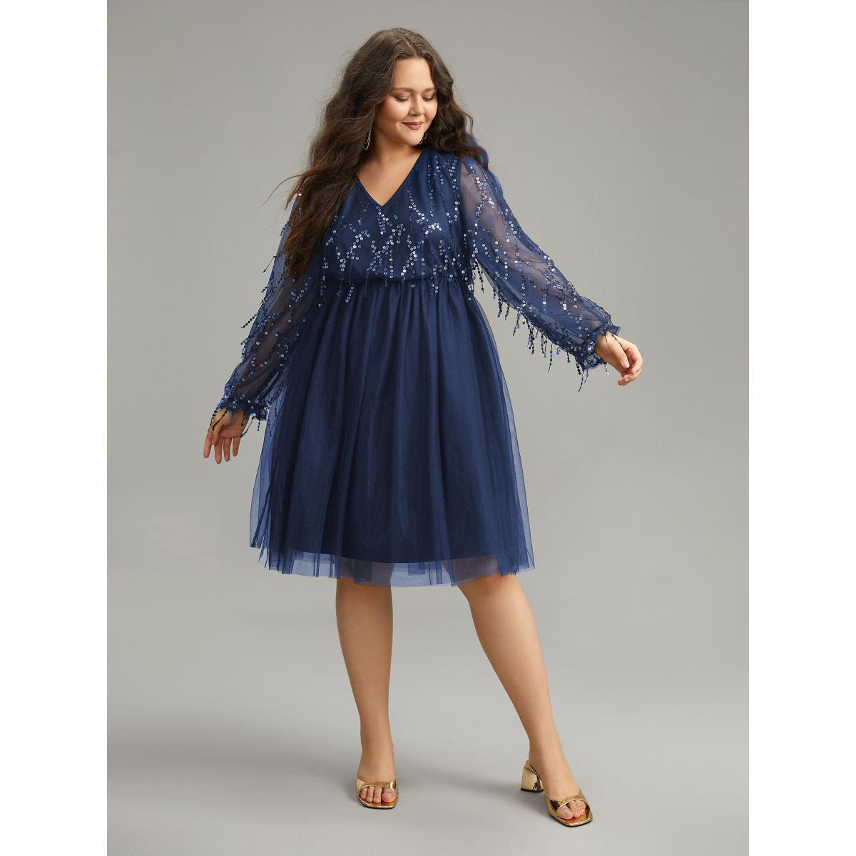 Plus Size Sequin Mesh Patchwork Tassel Dress DarkBlue Women Cocktail Gathered Overlap Collar Long Sleeve Curvy Knee Dress BloomChic 18-20/2X Product Image