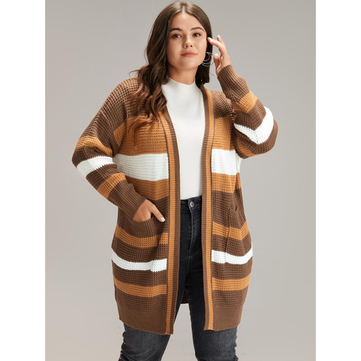 Plus Size Contrast Open Front Patched Pocket Tunic Cardigan Multicolor Women Casual Loose Long Sleeve Dailywear Cardigans BloomChic 28/5X Product Image